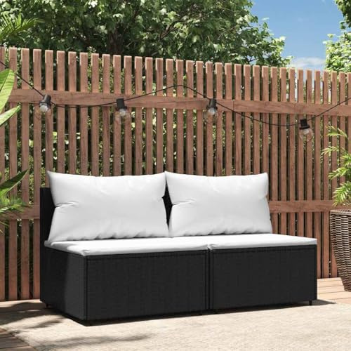 XinZaphrisal Garten-Mittelsofas mit Kissen 2 STK. Schwarz Poly Rattan Sofa Gartenmöbel für den Außenbereich