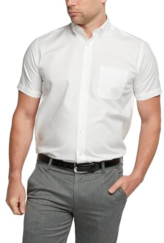 Double TWO Men's Short Sleeve Oxford Shirt Button Down Collar Regular Fit Smart Casual Shirt White