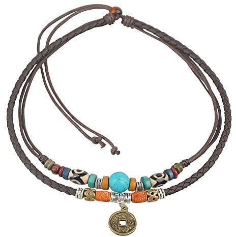 Ancient Tribe Unisex Adjustable Hemp Leather Choker Necklace Turquoise Bead (Brown)