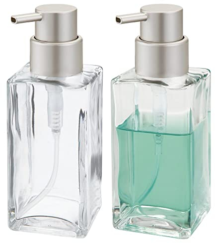 mDesign 2er-Set Seifenspender wiederbefüllbar – eckiger Pumpseifenspender aus Glas und Kunststoff – optimal für Küche oder als Badzubehör mit ca. 414 ml Füllmenge – durchsichtig/mattsilberfarben
