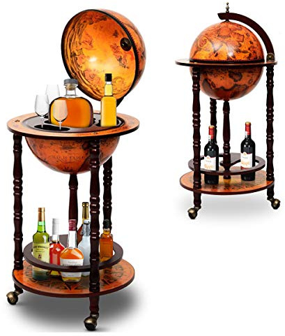 GOPLUS Bar Globe Terrestre Vintage en Bois d’Eucalyptus φ45CM pour 15 Bouteilles, Verres, Chariot de Bar Géant 2 Niveaux avec 3 Roulette et Couvercle, Hauteur 88CM, Porte Bouteille pour Salon (Marron)