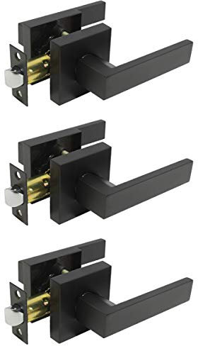 Probrico 3 Pack Square Interior Passage Door Lever for Hallway Stainless Steel Closet Two Sides Flat Reversible Door Handle with Latch Black