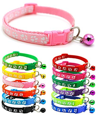Doggie Style Store Small Dog Puppy Pet Collar Pawprint Design with Bell Nylon Adjustable Size 19-32cm Light Pink