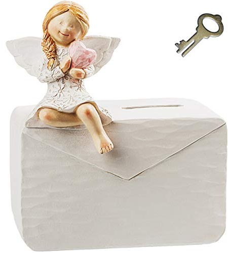 alles-meine.de GmbH große Spardose - Engel/Schutzengel mit Brief & Herz - mit Schlüssel und Schloss - stabile Sparbüchse - aus Stein Kunstharz/Polyresin - Verschluss - Sparsc..