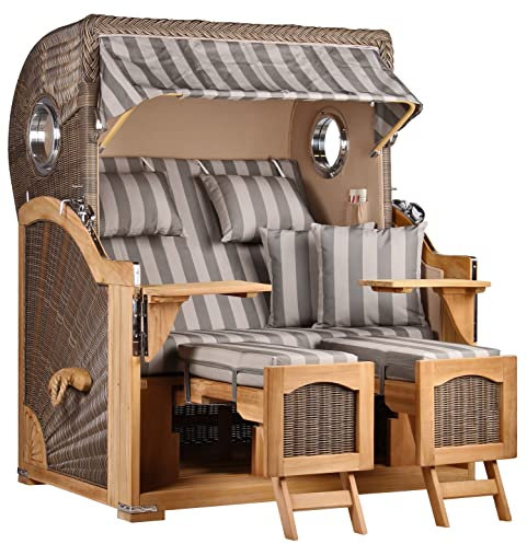 MR. DEKO® Strandkorb Düne Teak 2-Sitzer Bullauge | PE Geflecht Grey | Volllieger Strandstuhl verstellbar | inkl. 4 Kissen Wechselpolster | Strandkörbe fertig montiert aus Teakholz | (Dessin 537)