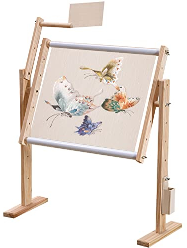 aleawol Adjustable Cross Stitch Frame Stand, Wooden Embroidery Frames , Floor Desktop Tapestry Quilting Frame Stand with 5 Adopted Height Level for Embroidery Lovers, 9CT