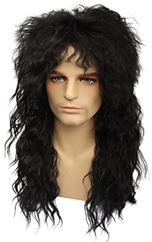 MEIRIYFA Herrenperücke im Look der 80er Jahre, mit langem, lockigem Haar, Vokuhila-Perücke im Rocker-/Punk-Stil, für Halloween, Kostümfeier, Cosplay, Party, Schwarz