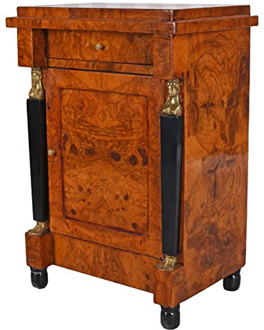 Regency Nachtschrank „Villa Jane Austen“ – Biedermeier‐Empire‐Kommode aus massivem Holz mit Wurzelholz‐Furnier, Halbsäulen, Schublade & Tür, H78×B54×T37 cm cat025 Palazzo Exklusiv