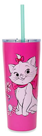 Silver Buffalo Aristocats Marie Doodle Flowers Gobelet à double paroi en acier inoxydable avec paille, 650 ml, 1 pièce