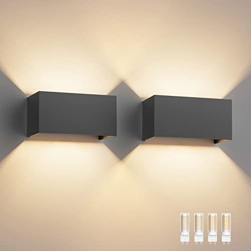 Klighten 2PCS 18W Wandleuchte mit Austauschbarer G9 LED Lampe Warmweiß 3000K, LED Wandleuchte Innen/Aussen Einstellbar Abstrahlwinkel Außenleuchte für Wohnzimmer Garten, IP54, Dunkelgrau