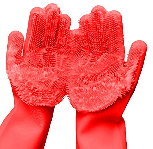 Reusable Silicone Dishwashing Gloves, Rubber Scrubbing Gloves for Dishes,Wash Cleaning Brush with Sponge Scrubbers for Housework, Kitchen, Car, Window cleaning. 1Pair (13.6 Large) (red)