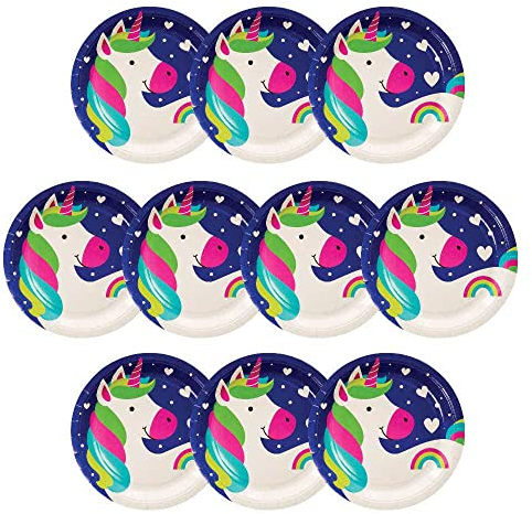 Baker Ross FC972 Rainbow Unicorn Party Plates - Pack of 10, Kids Plates, Birthday Party Plates, Paper Plates, Rainbow Unicorn Party Plates