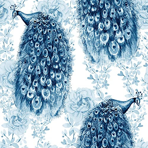 Wallink Peacock Peel and Stick Wallpaper - Self Adhesive Blue Animal Wallpaper, 17.5X120, Removable, Renter Friendly for Bedroom, Nursery, Kids Room Decor