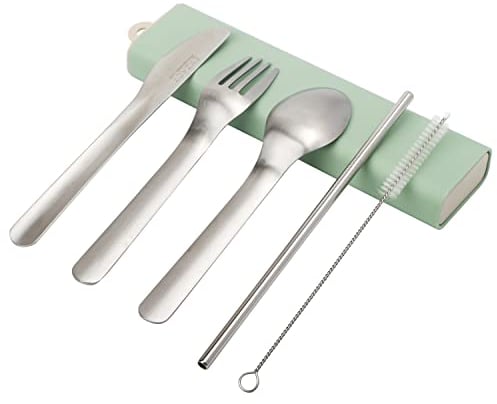 Exzact Couverts 5pcs - Cuillère Fourchette Couteau Paille Brosse de Nettoyage dans un étui - Inox 18/10 - Bureau École boîte à déjeuner- Passe au Lave-Vaisselle