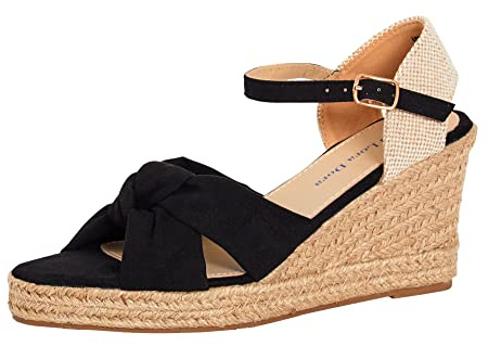 Womens Open Toe Wedge Sandals Ladies Espadrille Wedges Knotted Strappy Hessian Mid Heel Ankle Strap Adjustable Buckle Shoes Girls Holiday Summer Event Occasion Classic Shoe with Memory Foam Insole