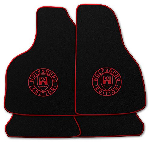 AUTOTEPPICH-Stylers Velours Schwarze Fußmatten passend für VW Golf 3 Cabriolet 1993-1998 mit LOGO Wolfsburg Edition WOB und Rand in rot