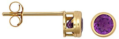 Jewelco London Ladies 9ct Yellow Gold Purple Round Amethyst Donut Bezel Solitaire Stud Earrings, 3mm 0.20CTS