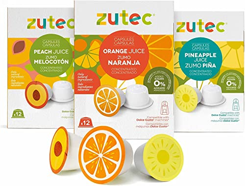 Zutec - Cápsulas de Zumo - Compatibles con Dolce Gusto* Cafetera - Surtido de Sabores - Naranja, Piña y Melocotón - 3 Packs de 12 Cápsulas - 36 Cápsulas - Vegano