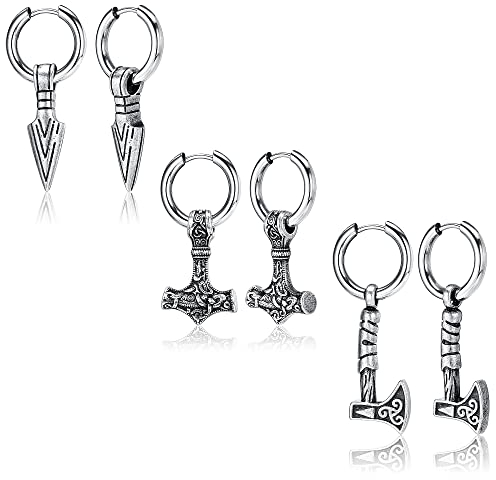 MILACOLATO 3 Paar Ohrringe Männer Wikinger Ohrringe Für Herren Dangly Norse Thors Hammer Axt Edelstahl Huggie Kleine Creolen Männer Gothic Wikinger Schmuck Silber