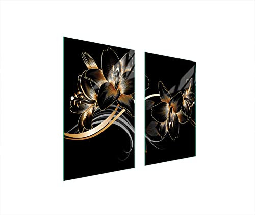 DarHaus Herdabdeckplatten tweiteilig 75x52 cm Ceranfeld Abdeckung Glas Spritzschutz Abdeckplatte Glasplatte Herd Ceranfeldabdeckung Deko, Orchidee Schwarz