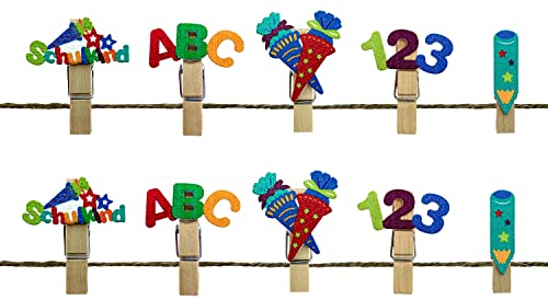 Oblique Unique® Mini Wäscheklammern aus Holz mit Schulkind Zahlen ABC Stift Zuckertüte Motiv für Schuleinführung Einschulung Schulanfang Streudeko Tischdeko (Bunt)