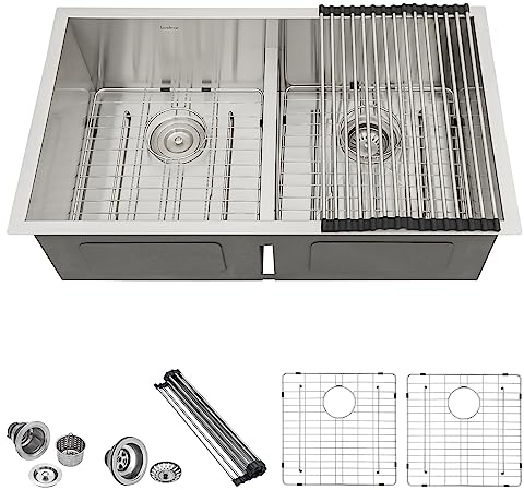 Lordear 81,3 cm Unterbau Doppelbecken Küchenspüle 16 Gauge Edelstahl Doppelschüssel mit intelligenter niedriger Trennwand 81,3 x 48,3 cm Doppelbecken Küchenspülen 50/50 handgefertigt