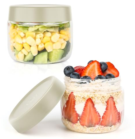 Borosilicate Small Glass Containers with Lids, 300ml Set of 2, Microwave Safe Overnight Oats Jars, Wide Mouth Mason Jars for Yoghurt, Chia Pudding, Porridge, Jam, Dressing, Spice (White)