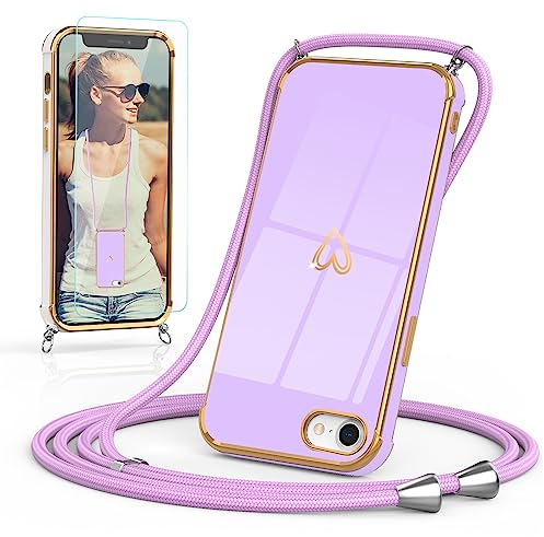 Togestar Handykette Hülle für iPhone 7/8/SE 2020/SE 2022 Handyhülle mit Band und Schutzfolie, Kameraschutz Herz Love Design 360 Grad Stoßfeste Schutzhülle Silikon TPU mit Kordel zum Umhängen, Lila