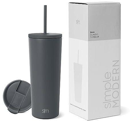 Simple Modern Thermobecher mit Strohhalm und Deckel | Trinkbecher mit Henkel Wiederverwendbare Edelstahl | Geschenke für Frauen und Männer | Classic | 710ml | Graphite
