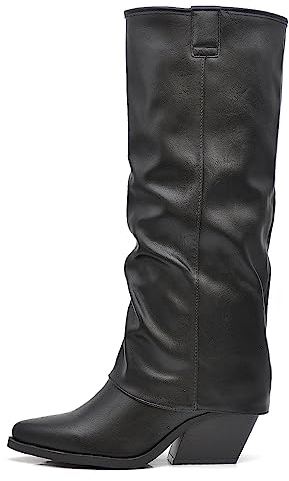 IF Fashion Scarpe Stivali Texani Arricciati Da Donna Con Ghetta Risvolto MP627 nero N.37