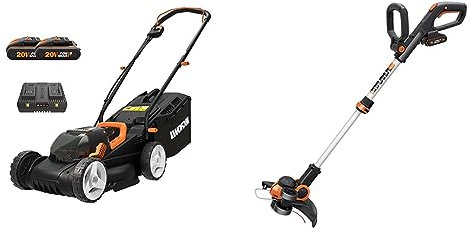 WORX Cordless Lawn Mower with 2 x 20 V Batteries, 34cm, WG779E.2 & WG163E 18V (20V MAX) Cordless Grass Trimmer with Command Feed and 2 Batteries Strimmer Line Strimmers Edge Cutter