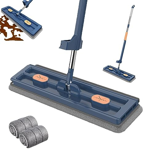 Hokuto Mocio piatto grande di nuovo stile, mocio a mani libere da pavimento magico in microfibra auto strizzante ruotabile a 360° (Blue+2pads)