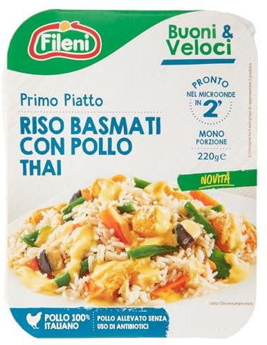 Fileni - Riso Basmati con Pollo Thai 220 g - Ispirato alla tradizione culinaria Thailandese - Monoporzione - Buoni & Veloci - Pollo 100% Italiano - Primo Piatto Saporito e Sostanzioso