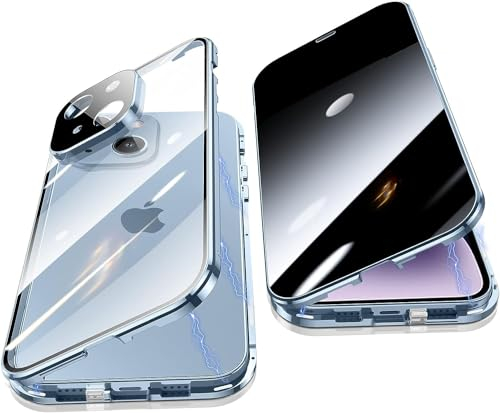 Anti Peeping Hülle für iPhone 15 Pro Max,Magnetic Schutzhülle Handyhülle,9H Gehärtetes Glas,Privacy Display Protector Metallrahmen Anti Spy Case 360 Grad Schutz Anti-Spion Cover,Blau