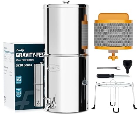 Frizzlife G210-SCALE Schwerkraft-gespeistes Wasser-Filter-System, NSF-zertifizierte Element mit Scale Inhibition reduziert 99% Chlor, Geschmack und Geruch, mit Standfuß für Haus, Camping, 9.46L