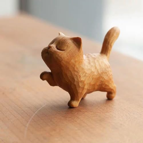 CHENRI Tiny Cute Wooden Cat, Winzige süße Holzkatze, 3D Katze Figuren Skulptur, DIY Handgefertigte Holz Katze Statue Tisch Dekoration, Katze Kunst Statue Ornament Geschenk für Katzenliebhaber (A)