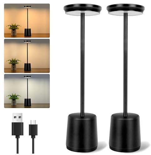 Adiwo Tischlampe Kabellos, 3 Farbmodi Metall Aluminium Touch Control Dimmbare 4800mAh LED Akku Tischleuchte Wasserdicht Tragbar USB Aufladbar Nachttischlampe für Drinnen Draußen Restaurant Café -2 St