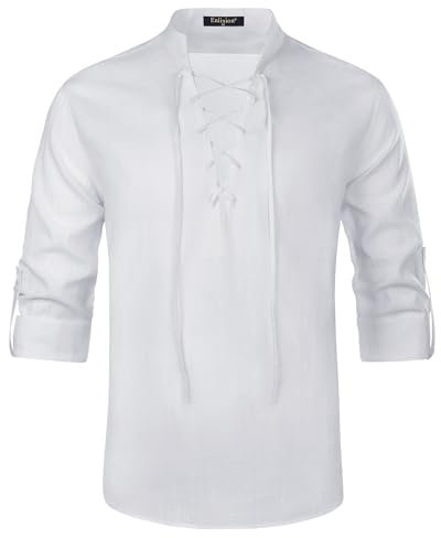 Enlision Mens Linen Shirts Retro Lace up Medieval Costume Shirts Long Sleeve for Halloween Cosplay Viking Pirate Renaissance White S