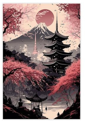 NWGACS Leinwandposter Japanisch mit Sakura, Kirschblüte, Berge und Tempel, Schlafzimmer, Dekoration, Sportlandschaft, Büro, Raumdekoration, Geschenk, ungerahmt, 60 x 90 cm