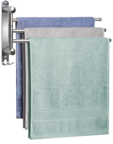 JSVER Handtuchhalter Wand,180° Drehung Handtuchhalter mit 3 Armig Schwenkarm Handtuchstange mit Haken Platzsparend für Bad,Küche und Garderobe-Silber