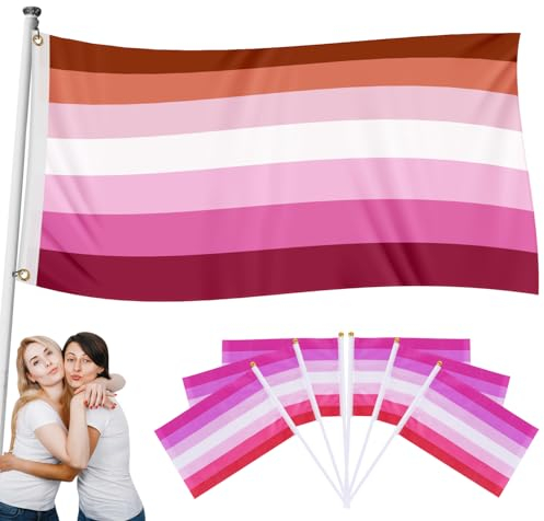 Lesben Flagge 90x150cm Lesbian Pride Flag Lgbtq Flagge mit 2 Ösen und 6Stk Lesbian Fahne Klein für LGBTQ+ Karneval Tag der Lesbischen Sichtbarkeit Festival Parade Feier Dekorationen