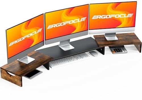 ErgoFocus Triple Monitor Stand Riser, Extra Long, Adjustable Length & Angle, 3 Shelf, Ergonomic Design