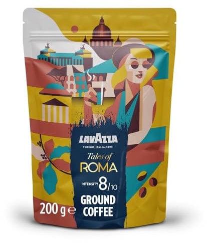 Lavazza, Tales of Roma, Coffee Ground, Ideal for Moka Pots, with Aromatic Notes of Hazelnut and Dark Chocolate, Arabica and Robusta, Intensity 8/10, Medium Roasting, 200 g