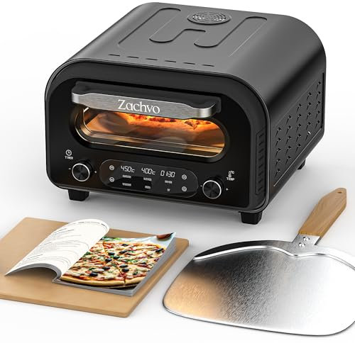 ZACHVO Elektrischer PizzaOfen - bis 450℃, 5 voreingestellte Pizzaarten, 1-60 Min Timer, Touchscreen & Drehregler, für 32cm Pizza, inkl. Pizzastein, Pizzaschieber, Rezeptbuch, Schwarz