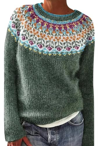 Pull Norvégien Femme Grande Taille, Pull Femme Hiver Norvégien, Chaud Pullover Col Rond pour Femme Mohair, Pull Jacquard sans Capuche, Sweater Oversize Vintage à Motif Tricoté Noel, Pull Irlandais