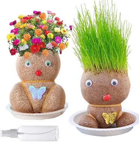 Fenytay 2pcs Grass Head Doll Plant, Doll Head Planter, Grow Your Own GrassHead, Desktop Green Plants Bonsai Pots With Tray, Plants Potted For Children, Desktop GreenPlants, For Children