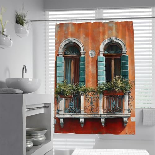 OLLIAR Home Italienisch Duschvorhang Rustikal Europäisch Stadtstil Frühling Grün Blumen Vintage Fenster Mediterran Griechenland Badezimmer Vorhang 180x200