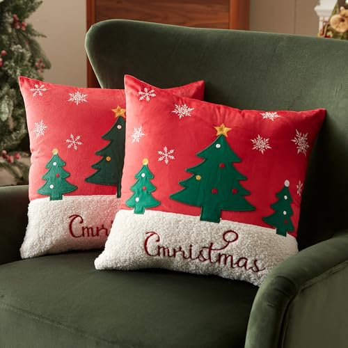 Sonvie Christmas Cushion Covers Set Of 2,Christmas Tree&Snowflake 45x45cm | Soft Decorative Square Throw Pillow Cover (18x 18 in), Pillows Cases for Bedroom Sofa Couch Decorations