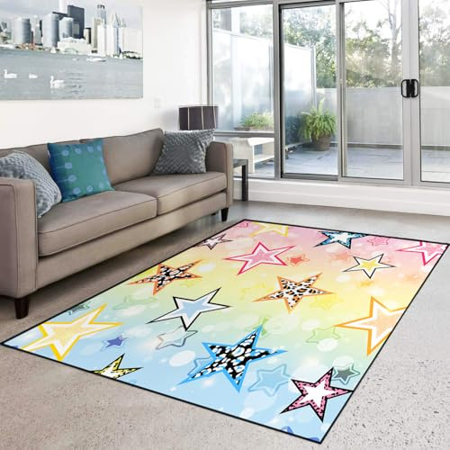 HOSIMA Teppich, Weiche Bodenmatte, Regenbogen-Stern-Druck, Rutschfeste Schlafzimmer Matte, Kurzflor Flauschige Bodenmatte, Waschbar (Stern M, 120x160 cm, 20.53 sq ft)