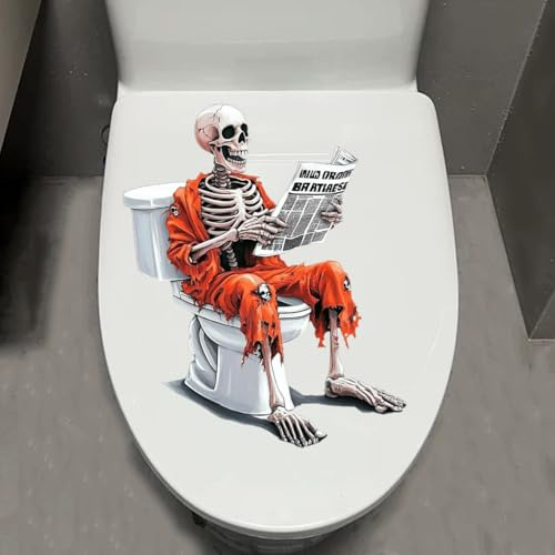 Leniutor 1 Stück Skelett-Toilettenaufkleber, selbstklebend, wasserdicht, Skelett, sitzend auf Toilettensitzdeckel, Aufkleber, lustiger Totenkopf-Aufkleber für Badezimmer, Toilette, Tür, Wanddekoration